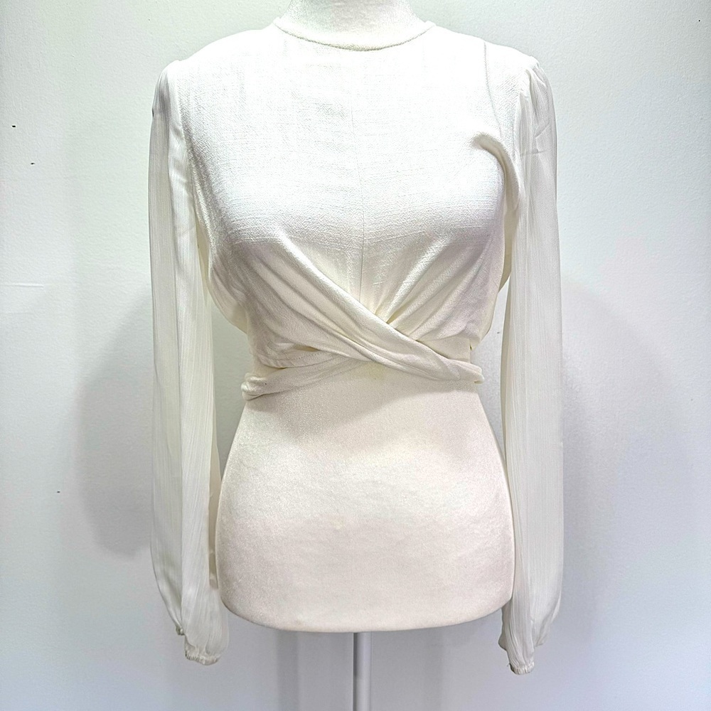 Ivory Linen Blend Cropped Top with Cutouts & Elastic Hem by Fate Blousy